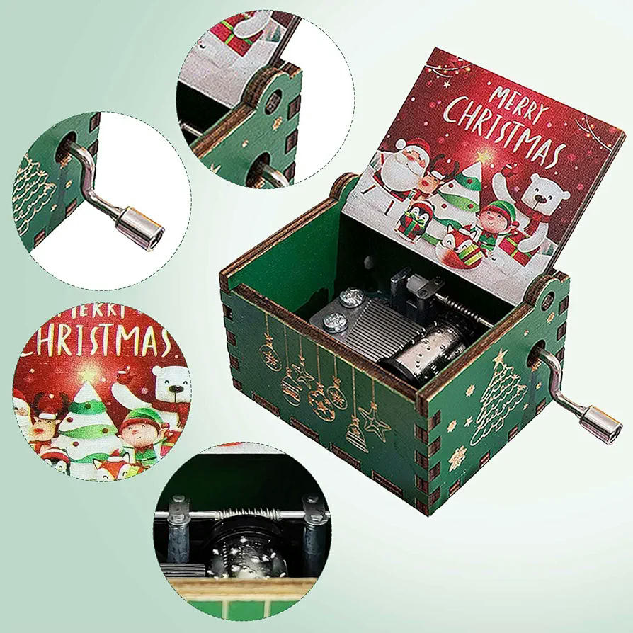 Caja de Música de Madera con Manivela, Caja Musical Clásica, Decoración Artesanal para el Hogar, Regalo Ideal para Cumpleaños y Celebraciones (Color Rojo) Estilo Navidad, Santa Claus y Muñeco de Nieve
