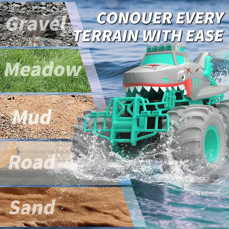 Coche teledirigido RC anfibio tipo tiburón 4WD con 2 baterías recargables, juguete impermeable para niños