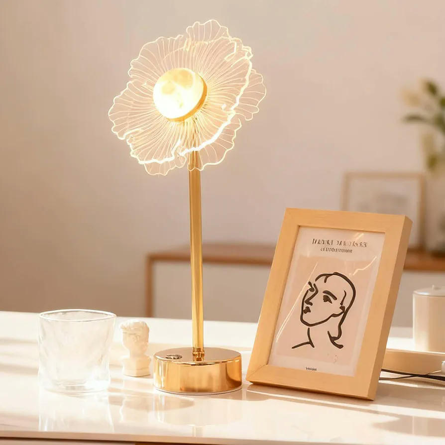 Lámpara de mesa recargable por USB, diseño nórdico minimalista, luz nocturna con atenuación, ideal para dormitorio o escritorio, color dorado, 39.5 cm de largo