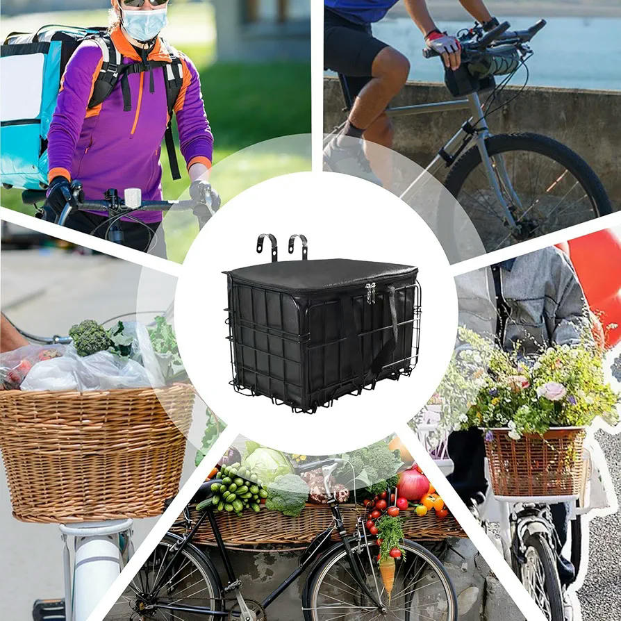 Cesta de bicicleta Plegable, Portabicicletas escolar con bolsa interior extraíble, Cesta de almacenamiento para bicicleta eléctrica (color negro)