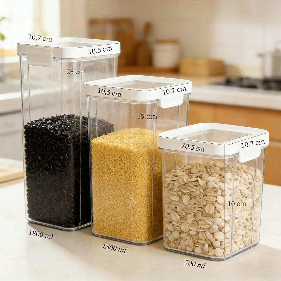 Set de Recipientes Herméticos para Alimentos, 3 Piezas, 700ML, 1300ML y 1800ML, Almacenaje Eficiente en Cocina