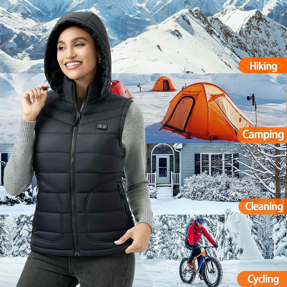 Chaleco calefactable mujer, modelo con capucha, 5 zonas de calefacción, batería de 7.4V 16000mAh, ideal para actividades al aire libre, Talla L