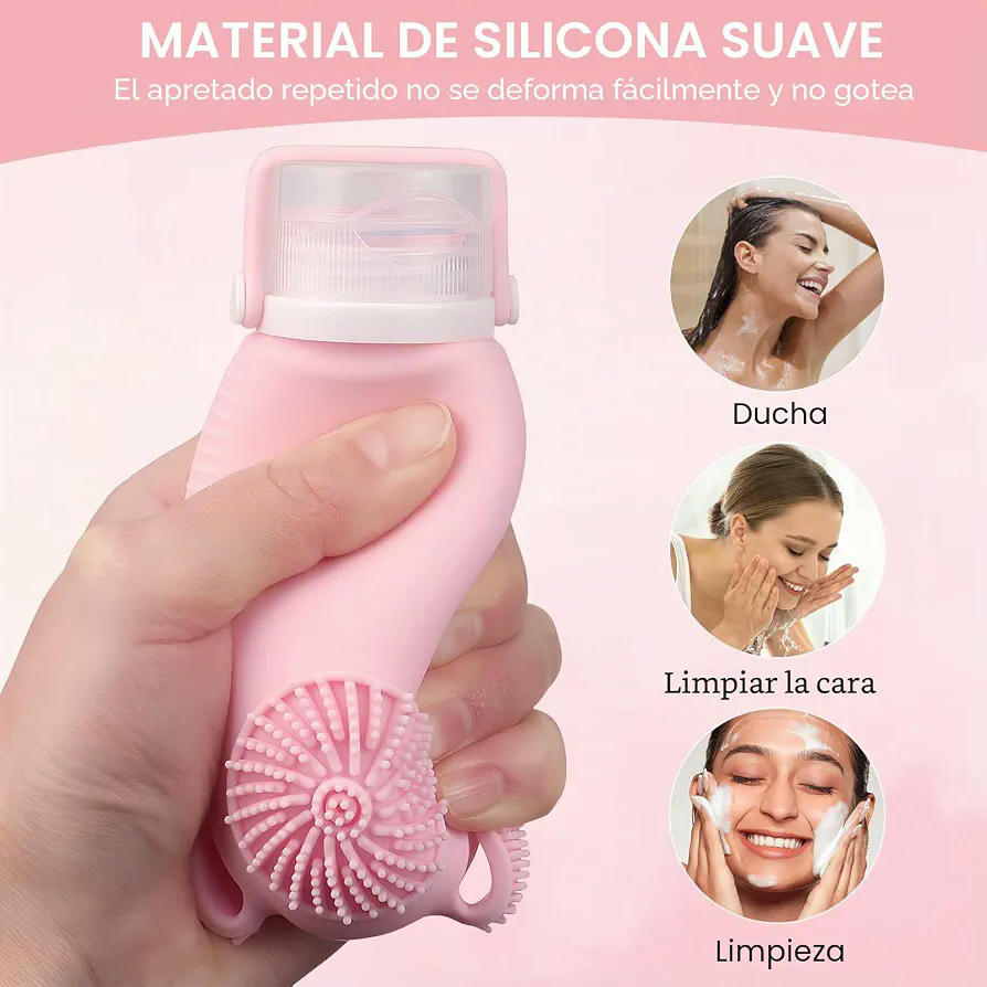 Botellas de Viaje de Silicona 100ml, Juego de 3 Botellas con Cepillo Facial, Multifuncional para Champús y Lociones (Multicolor)