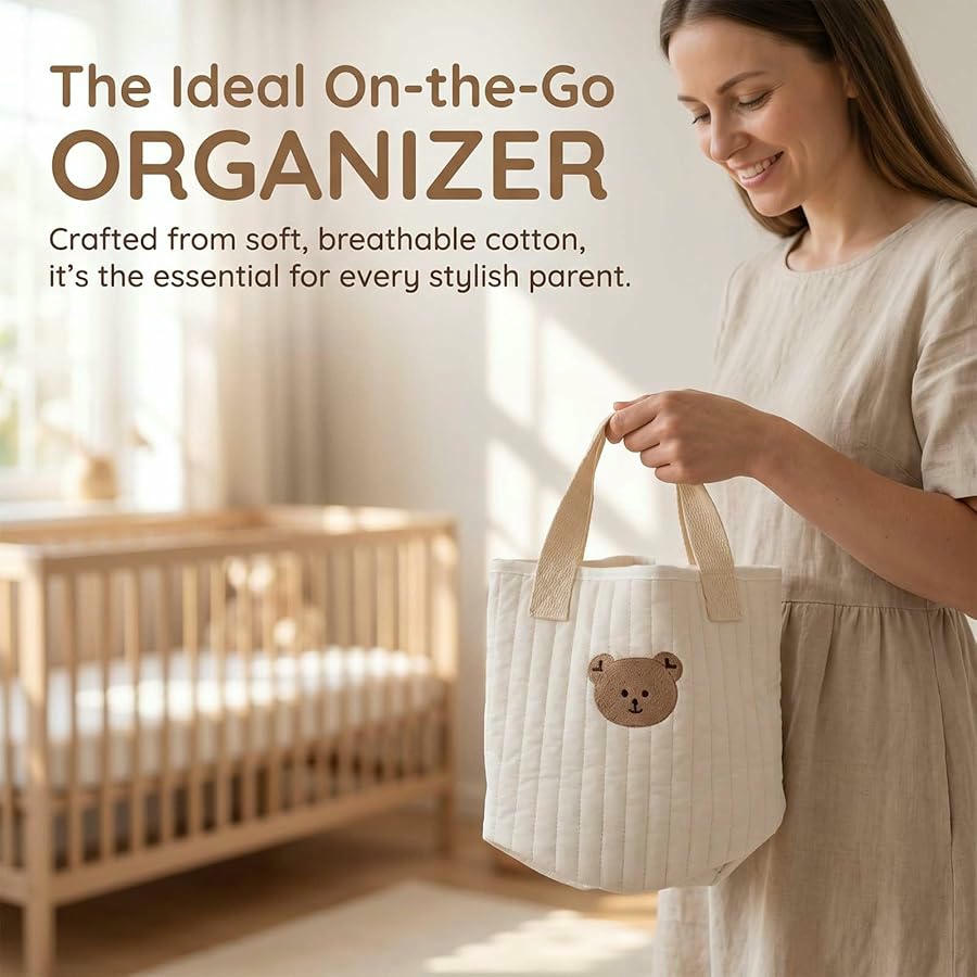 Bolsa de Pañales para Bebés con Cremallera, Diseño Atractivo y Portátil para Viajes (Blanco, con diseño de Oso marrón)