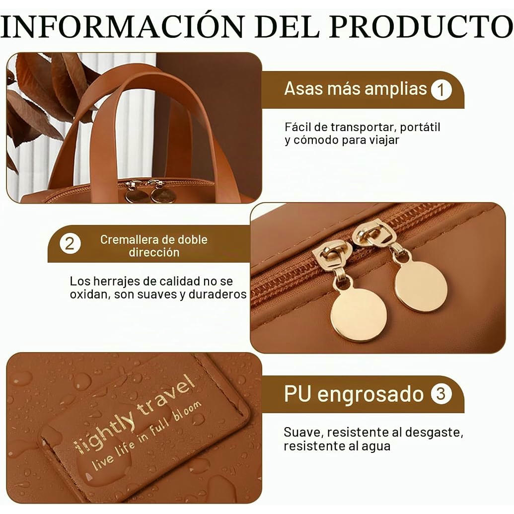 Neceser de Maquillaje para Mujer de Cuero PU con Asa y Compartimentos para Organización (Marrón)