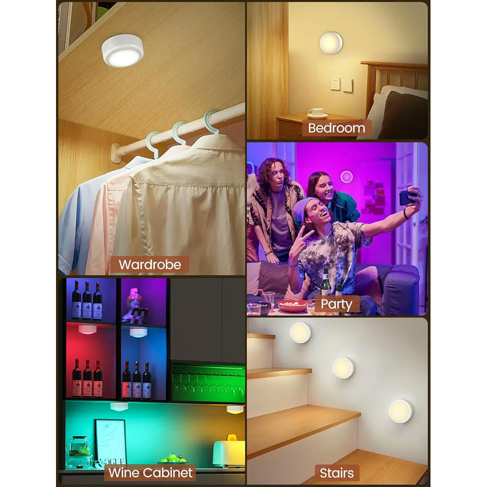 Iluminación luces LED RGB, 6 lámparas regulables para armarios y muebles bajo, 15 colores, luz nocturna recargable con control remoto, ideal para escaleras y vitrinas