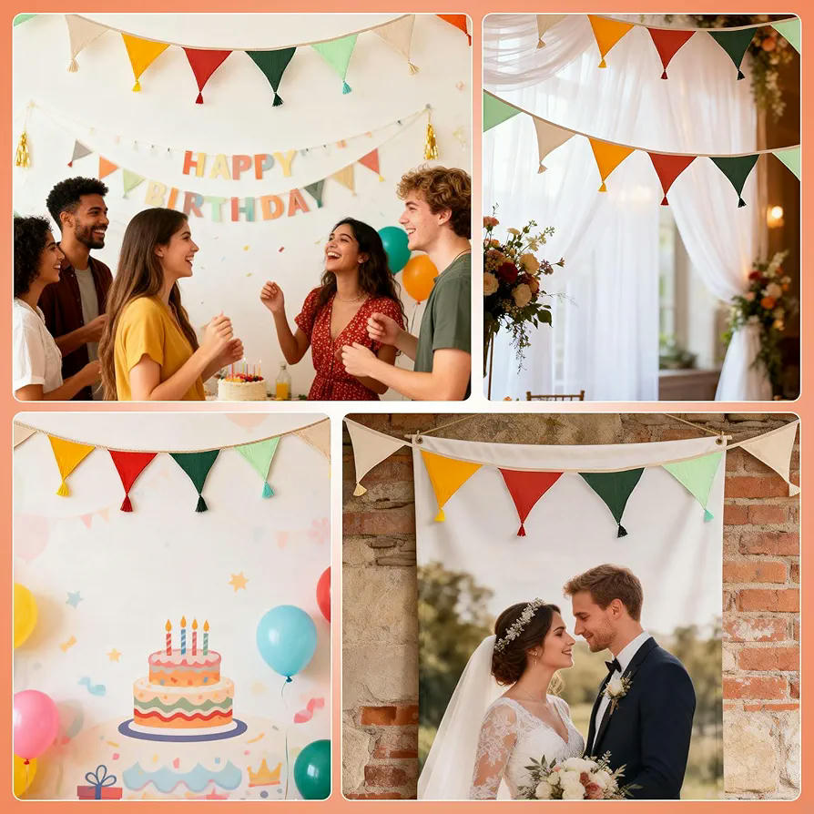 Banderines de fiesta multicolores de algodón, 2 piezas de 2,6 metros, decoración infantil para habitaciones, ideal para bodas, cumpleaños y baby showers