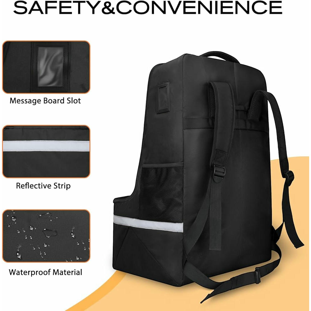 Bolsa de viaje para asiento de coche, mochila acolchada con correa para hombro, funda ideal para transporte en avión, incluye rayas reflectantes (color negro)