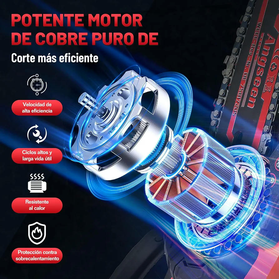 Mini motosierra eléctrica a batería para podar con 2 baterías, 850 W 6 pulgadas, con 2 cadenas, guantes, gafas y bloqueo de seguridad, para cortar madera y jardinería (Rojo)