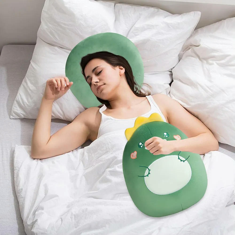 Almohada Ssuave Modelo U con Antifaz para Dormir, Almohada de Viaje para Niños y Niñas, Ideal para Avión y Coche, Diseño Dinosaurio (Verde)