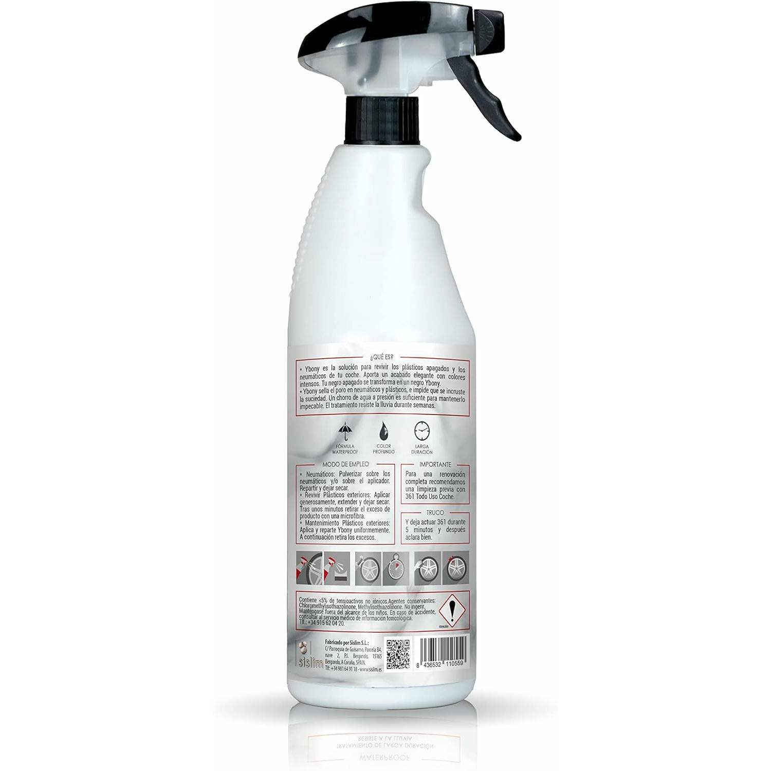 Sisbrill Ybony, Renueva, repara y restaura plásticos deteriorados o blanquecinos - Revive Neumáticos - Proporciona Ultra-Brillo - Resiste la Lluvia - 750 ml + 1 aplicador (Pack 1)