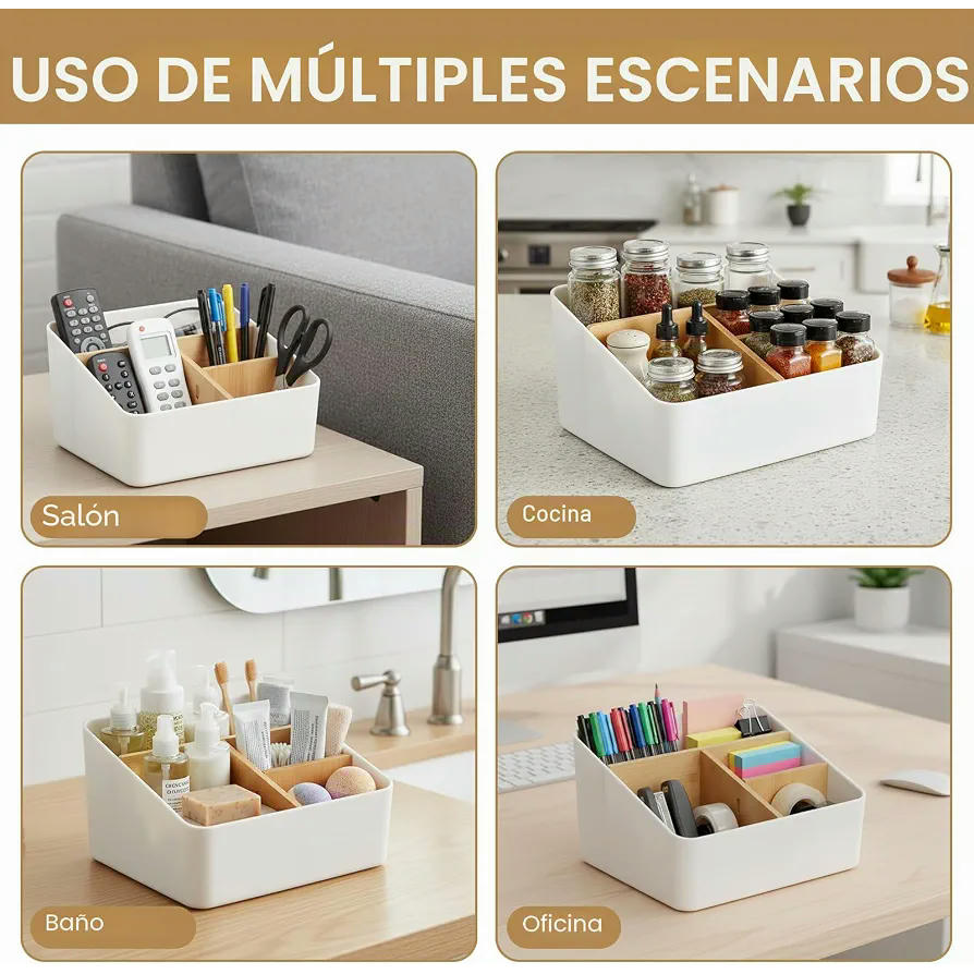 Organizador de Escritorio con 4 Compartimentos en Bambú para Cosméticos, Plumas y Accesorios (Gris)