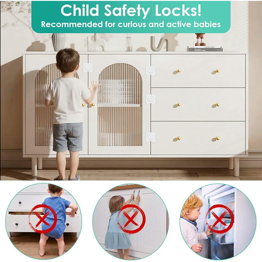 4 Cierres de Seguridad para Niños de Cajones y Armarios con Adhesivo Fuerte - Instalación Sin Taladro (Blanco)
