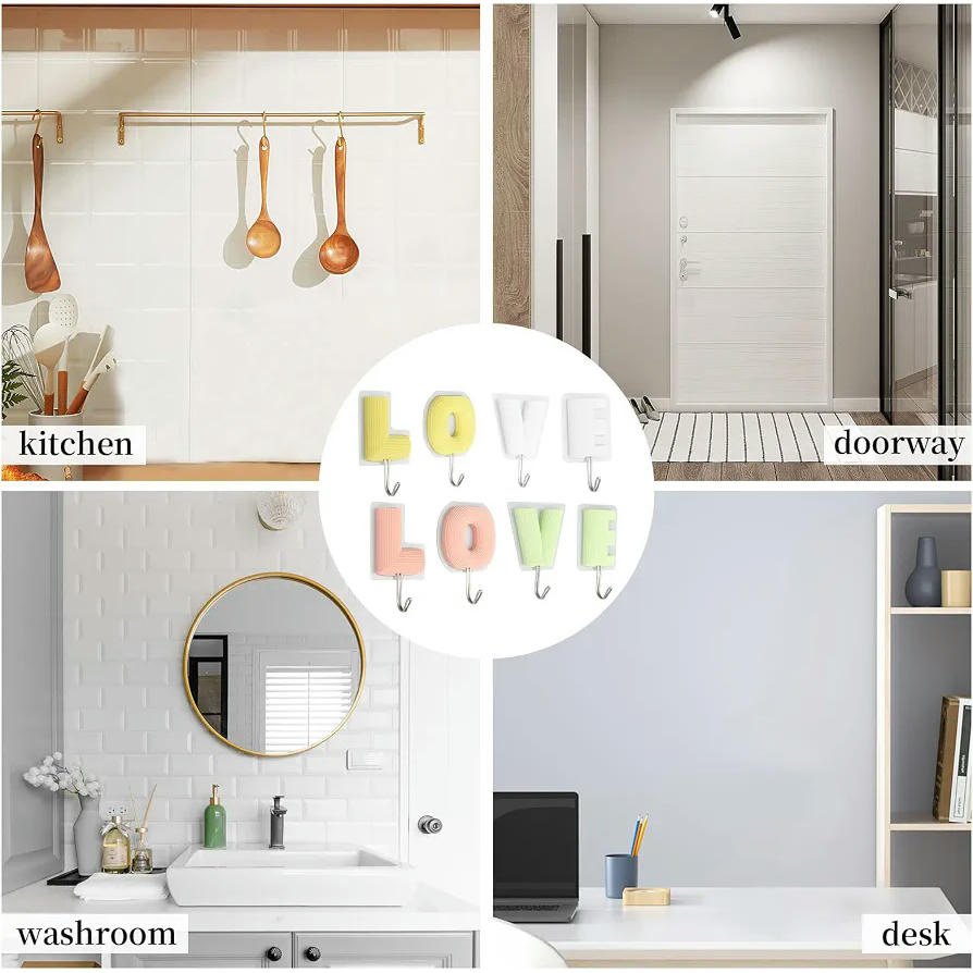 8 Ganchos Adhesivos Creativos LOVE para Pared, Resistentes y Impermeables, Multicolor