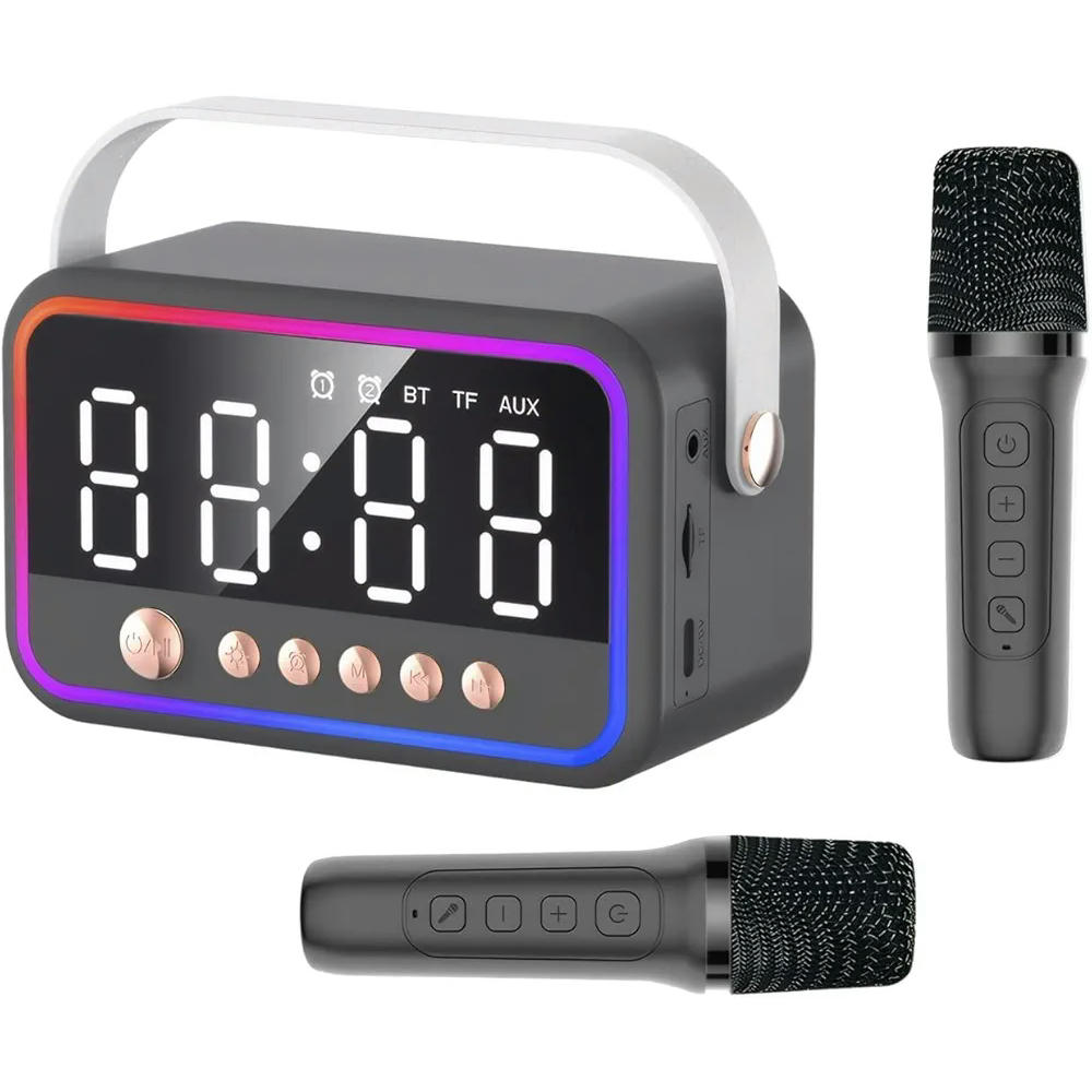 Máquina de karaoke portátil con 2 micrófonos, altavoz Bluetooth multifuncional con luz RGB y doble alarma, sonido estéreo 360° (Negro)