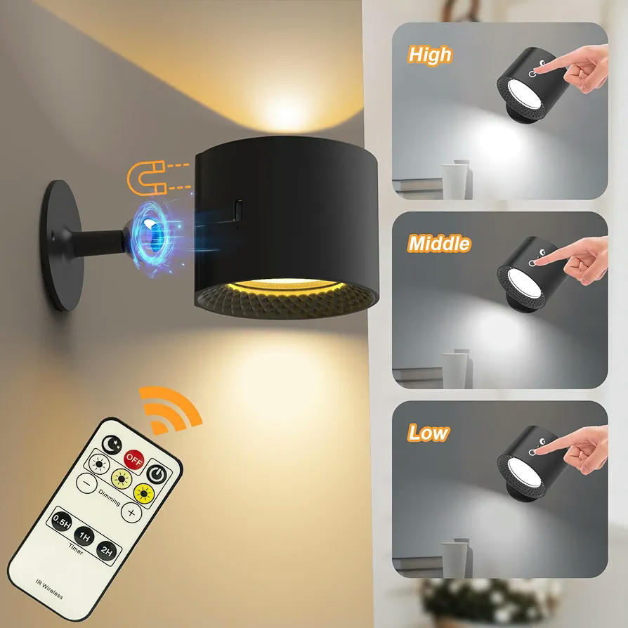 Paquete de 2 Lámparas de pared LED recargables, luces magnéticas, modelo multifuncional con 3 niveles de brillo y 3 colores, 360 grados giratorio, ideal para interiores