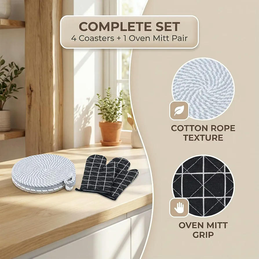 Set de 4 Manteles Individuales Redondos de 20cm y 1 Par de Manoplas de Horno