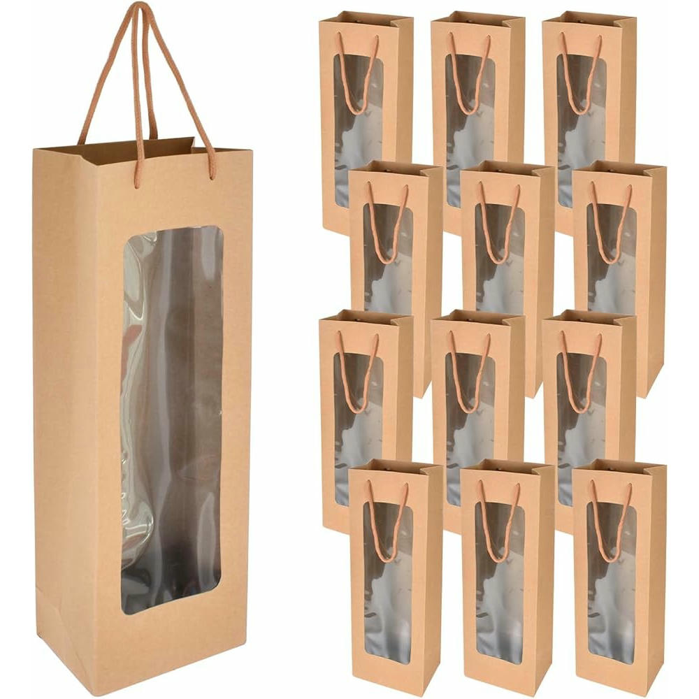 Bolsas de Vino de Papel Kraft Premium con Asas - 12 Piezas, Embalaje para Botellas, Ideal para Navidad, Bodas y Fiestas, Color Marrón
