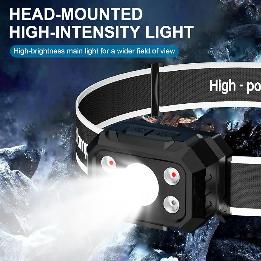 Linterna Frontal LED Recargable Impermeable con Sensor de Movimiento y Luces de Advertencia Rojas (Negro)