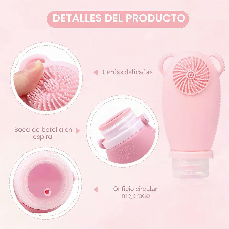 Botellas de Viaje de Silicona 100ml, Juego de 3 Botellas con Cepillo Facial, Multifuncional para Champús y Lociones (Multicolor)
