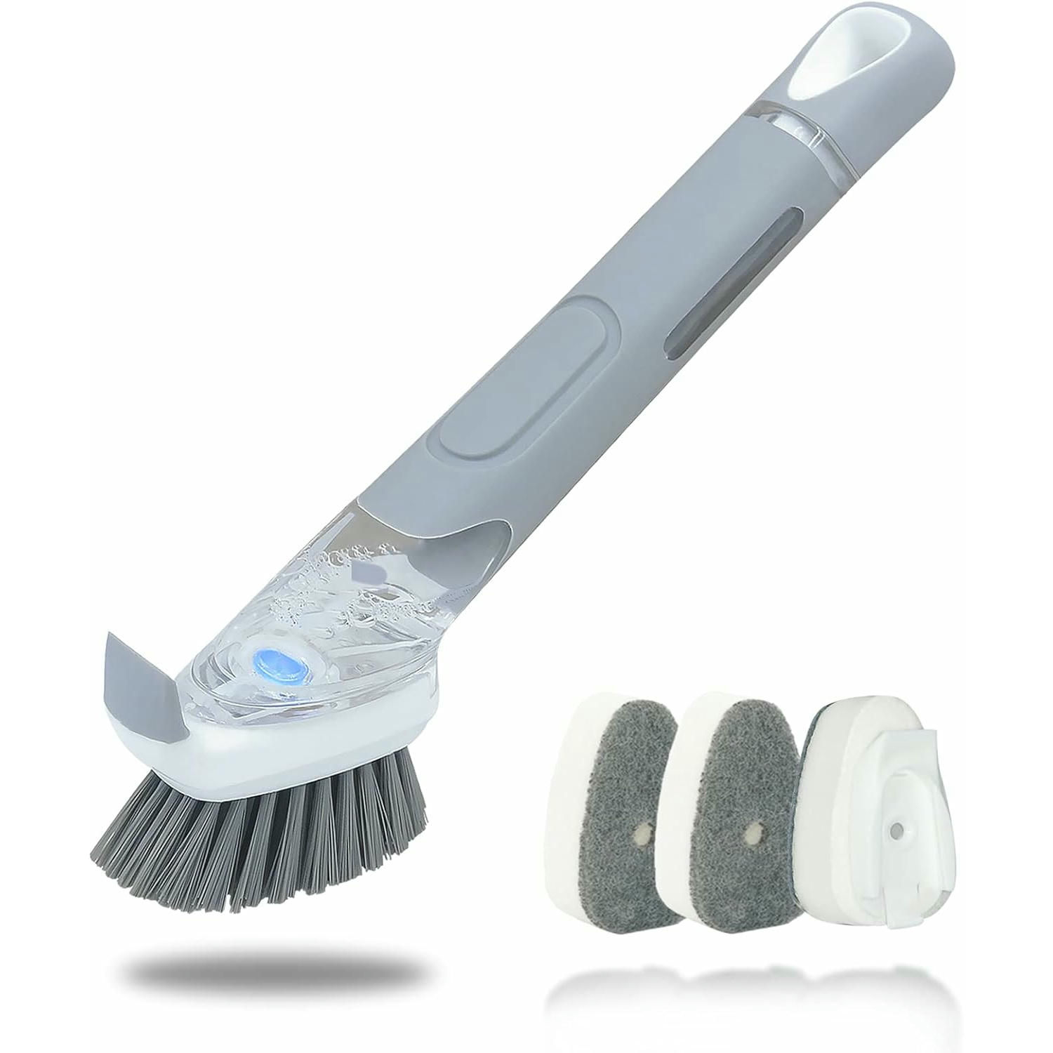 Cepillo dispensador de jabón para platos con 3 recambios de esponja, cepillo de cocina antiarañazos con mango ergonómico para limpieza eficiente