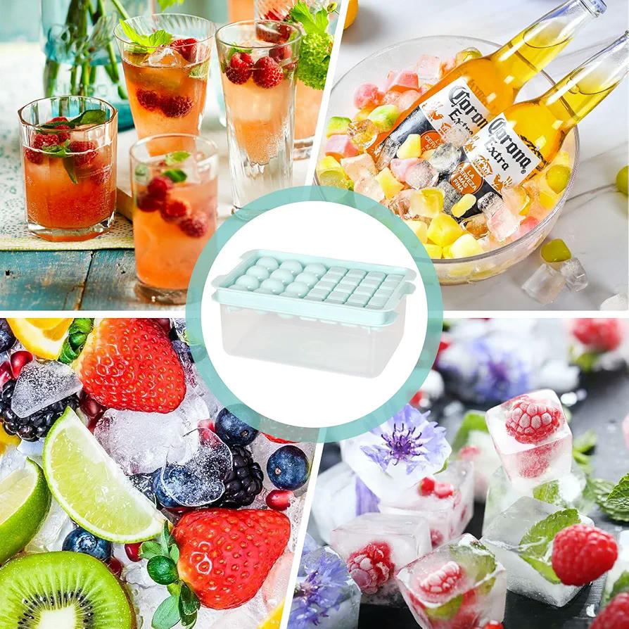 Bandeja para cubitos de hielo con tapa hermética, molde reutilizable para 32 cubitos, material alimentario, incluye pala y recipiente, ideal para bebidas y fiestas