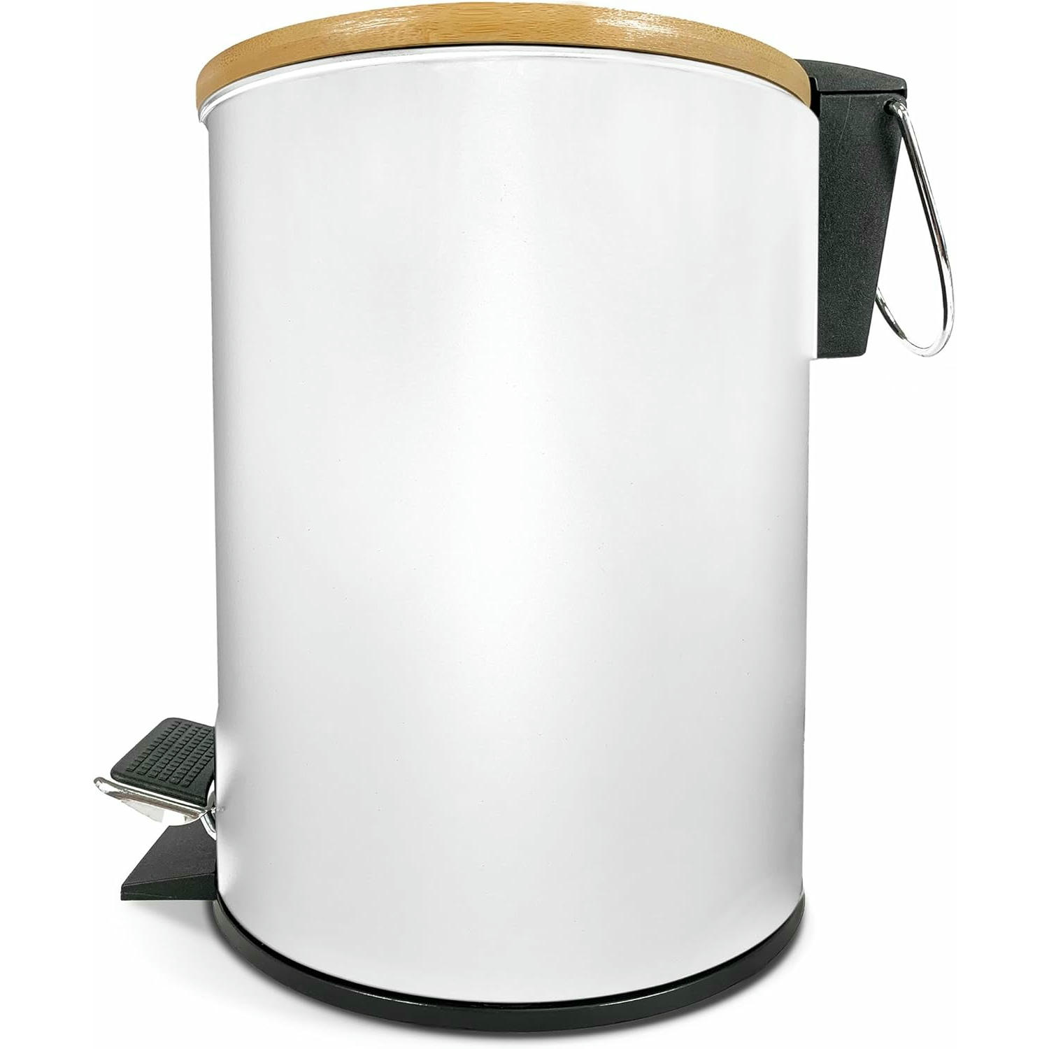 TIENDA EURASIA - Papelera de Metal con Tapa de Bambu, 3L, 17x22,5x23,5 cm, Cubo de Basura Pequeño con Pedal, Asa para Transportar, Metal y Bambu, para Baño, Cocina o Escritorio (Papelera Blanco)
