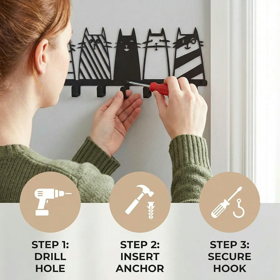 Colgador de Llaves de Pared Multifuncional Negro con 7 Ganchos para Organizar y Decorar (Negro)