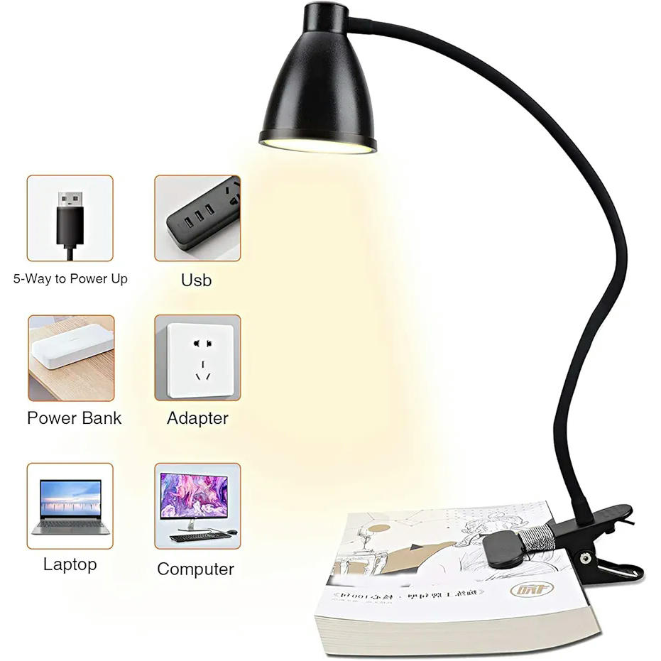 Lámpara de Escritorio Collen con Pinza, LED de 38 Luces, 3 Modos de Iluminación y 10 Niveles de Brillo, Cuello Flexible de 360 Grados, Protección Ocular, Carga USB - Negro