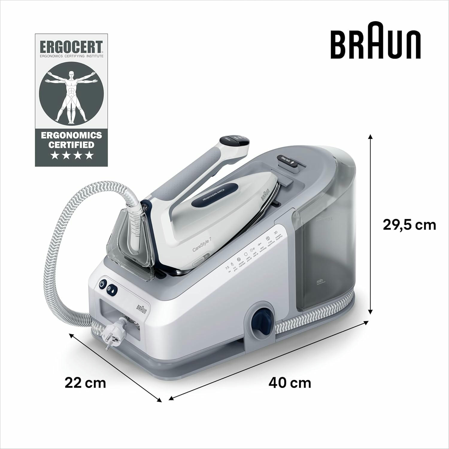 Braun CareStyle 7 IS7262GY, Centro de Planchado con Generador de Vapor Profesional, FreeGlide 3D, iMode e iCare, Planchado Vertical, Ultimate FastClean, Depósito Extraíble 2 L, 2700W, Violeta