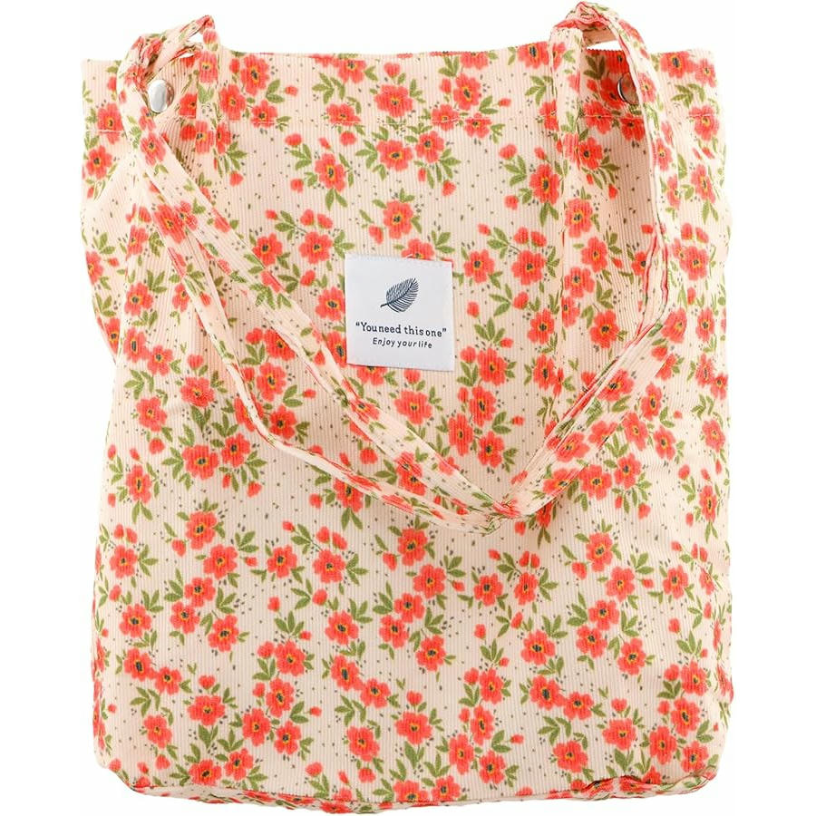 Bolso Tote Bag de Pana para Mujer, Casual y Elegante, Patrón Floral, Gran Capacidad, Ideal para Playa y Viajes (Rojo y Rosa)