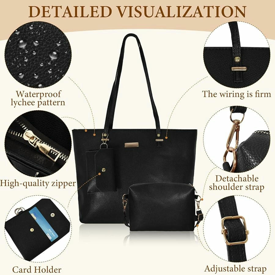 Bolso de Mano para Mujer, Set de 3 Piezas en Material de PU - Incluye Tote Bag, Bandolera y Billetera (Marrón)