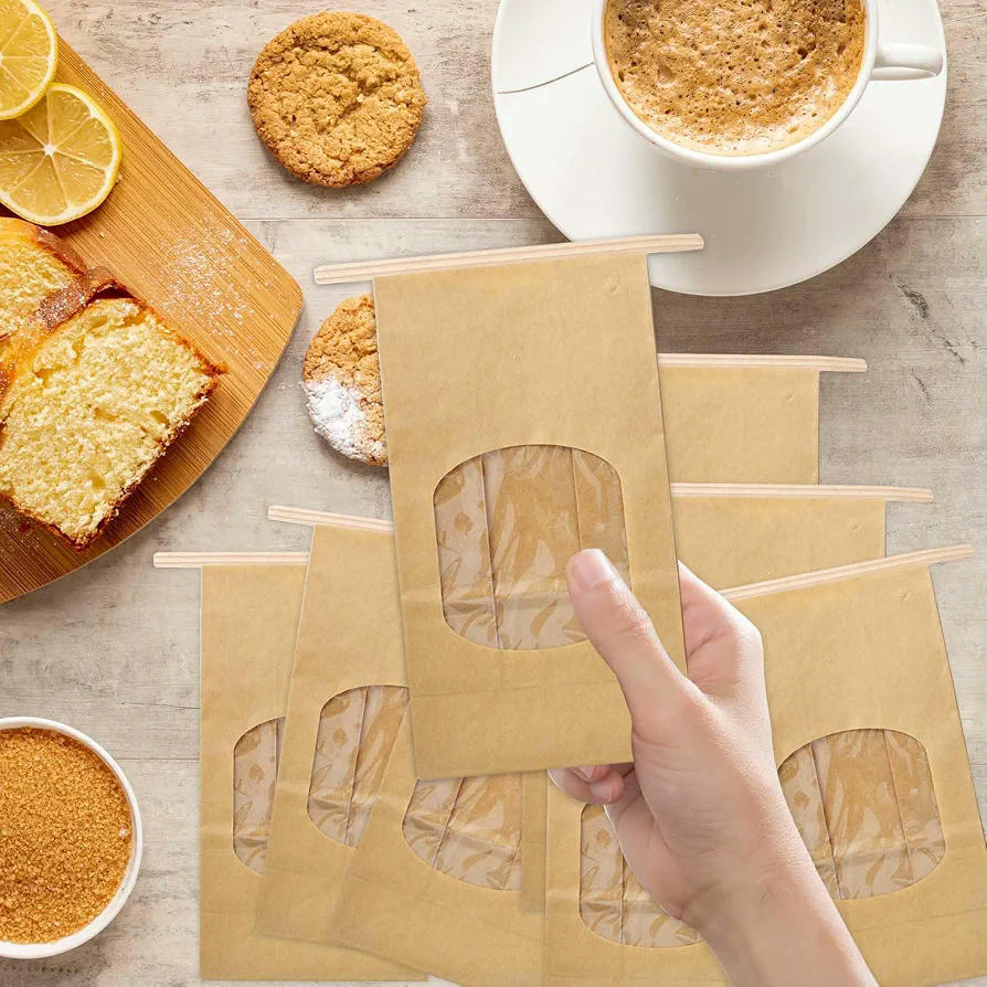 20 Bolsas de Papel Kraft con Ventana, Reutilizables para Hornear y Envasar Alimentos (Blanco)