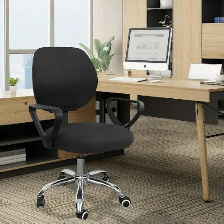 Funda protectora para silla, funda elástica negra, material suave y transpirable, fácil de instalar y lavar, apta para sillas de oficina y sillones giratorios, talla M (Negro)