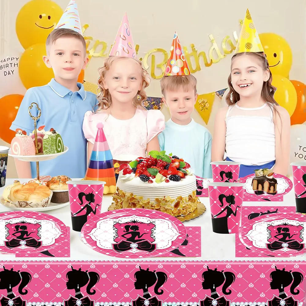 Juego de vajilla de 51 piezas con diseño de motivos para fiestas, ideal para cumpleaños y celebraciones (Rosa)