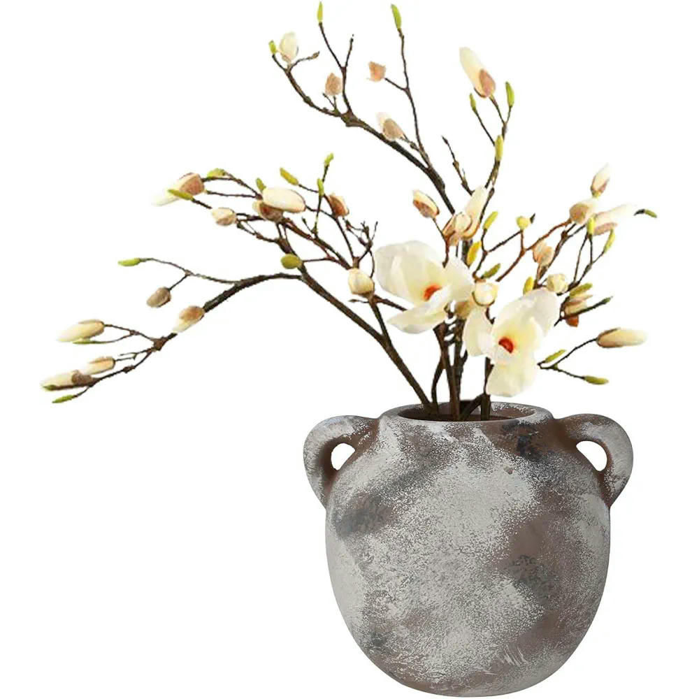 Jarrón de Cerámica Rústica, Jarrón Decorativo Vintage de Terracota para Flores Frescas y Secas, 17 x 16 cm, Color Gris