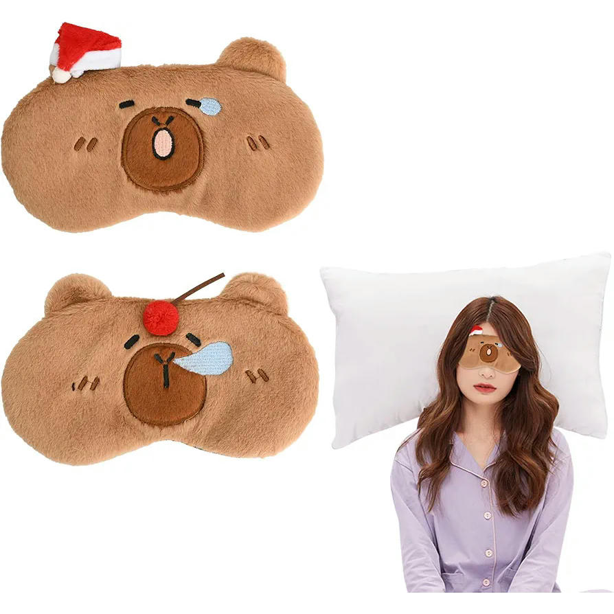 Sleep Mask - 2 Pieces of Lightweight and Comfortable Microfiber, Cartoon Design, Christmas Capybara (Brown)