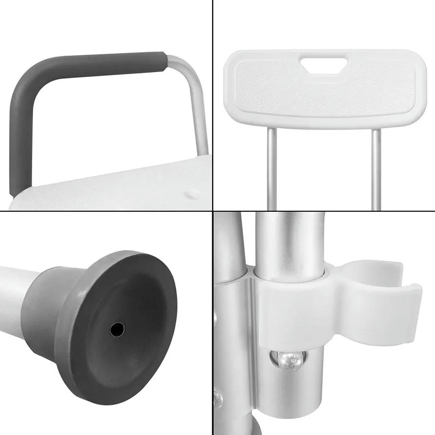 Silla de ducha regulable, 5 niveles de altura 37,5 - 50,5 cm, taburete antideslizante con respaldo y reposabrazos, asiento de aluminio y polietileno resistente