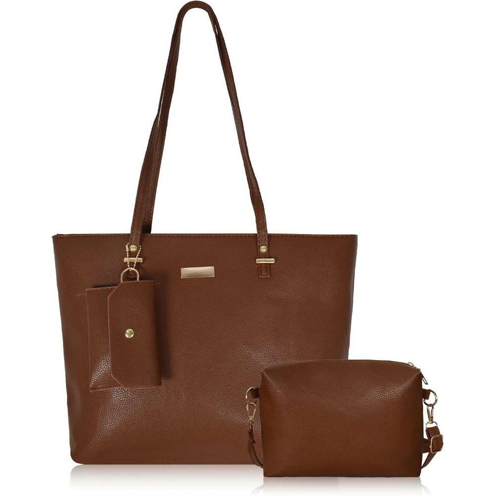 Bolso de Mano para Mujer, Set de 3 Piezas en Material de PU - Incluye Tote Bag, Bandolera y Billetera (Marrón)