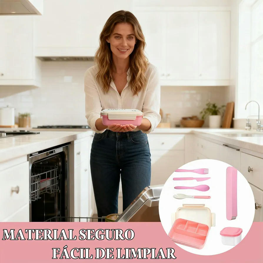 Fiambrera Bento Rosa con 4 Compartimentos 1000ml para Microondas y Lavavajillas