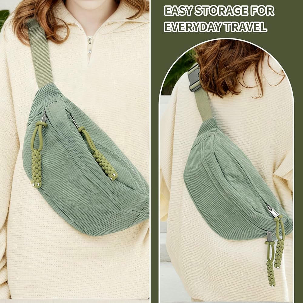 Bossa de pana verda per a homes i dones, bossa creuada ajustable per a córrer, fer senderisme, escola i viatges