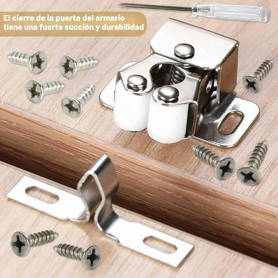 8 Pestillos Doble Rodillo de Acero Inoxidable con Tornillos y Destornillador para Armarios y Puertas (Plateado)