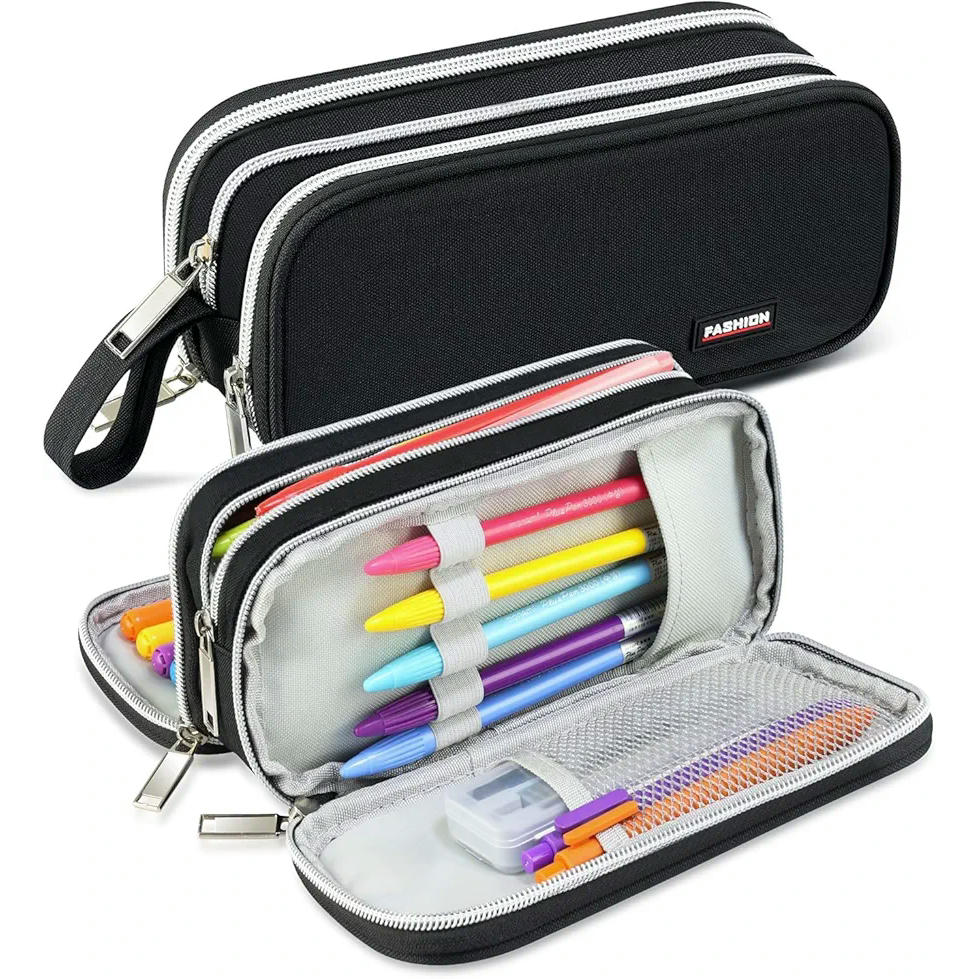 Estuche de gran capacidad con 3 compartimentos, bolsa multifuncional para almacenamiento de artículos escolares, tamaño 22 x 12 x 4 cm, color negro