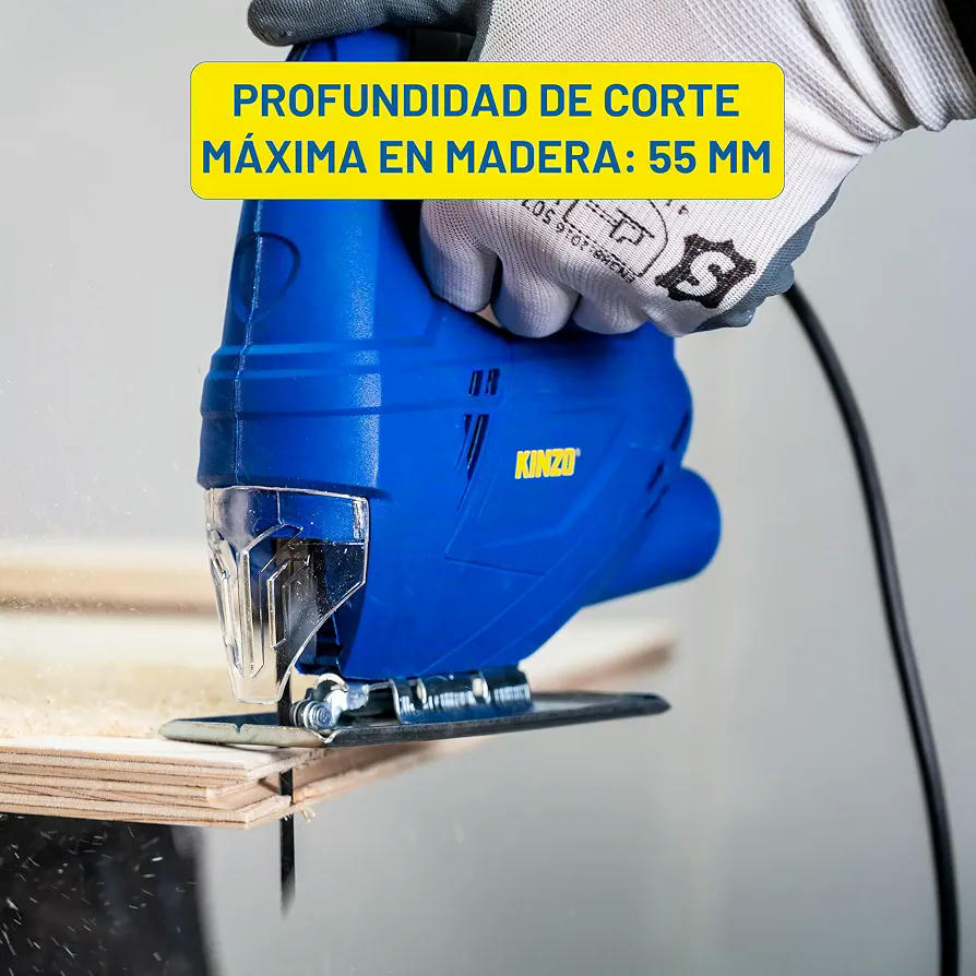 Kinzo Sierra de calar – 230 V – 400 W – con extracción de polvo – Hoja protectora – Varios materiales – Madera hasta 65 mm – Metal hasta 6 mm – Azul, 8711252064161