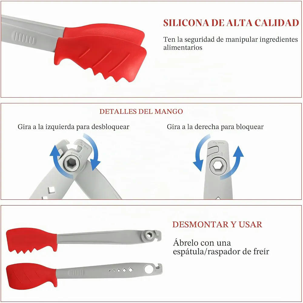 4 Pinzas de Cocina de Silicona de 28 CM con Sistema de Bloqueo para Alimentos (Color Rojo y Azul)