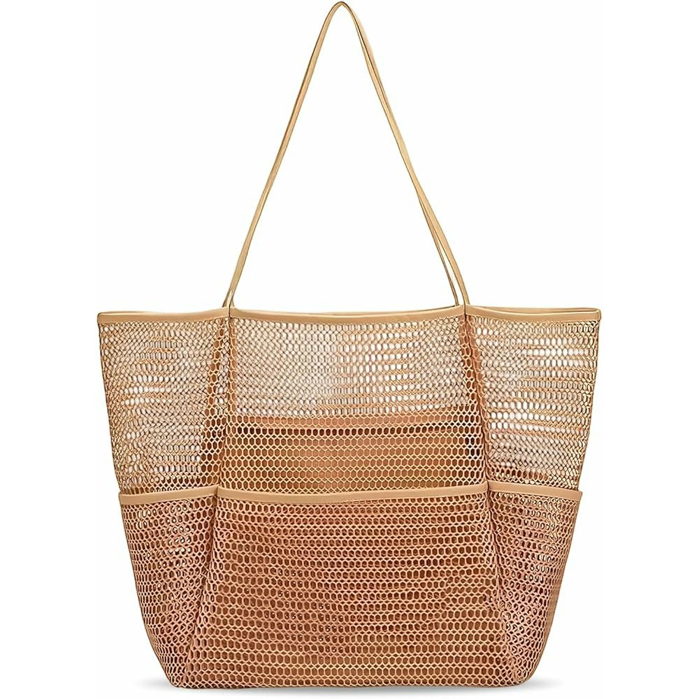 Bolsa Grande de Malla para Mujer con Cremallera y Bolsillos, Ideal para Playa y Compras (Marrón)