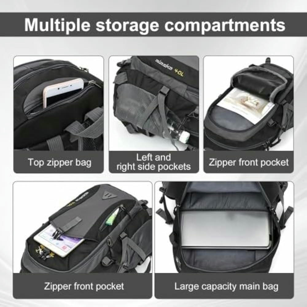 Mochila de Senderismo Ultraligera 40L Impermeable para Actividades al Aire Libre, 6 compartimentos y 2 bolsillos laterales