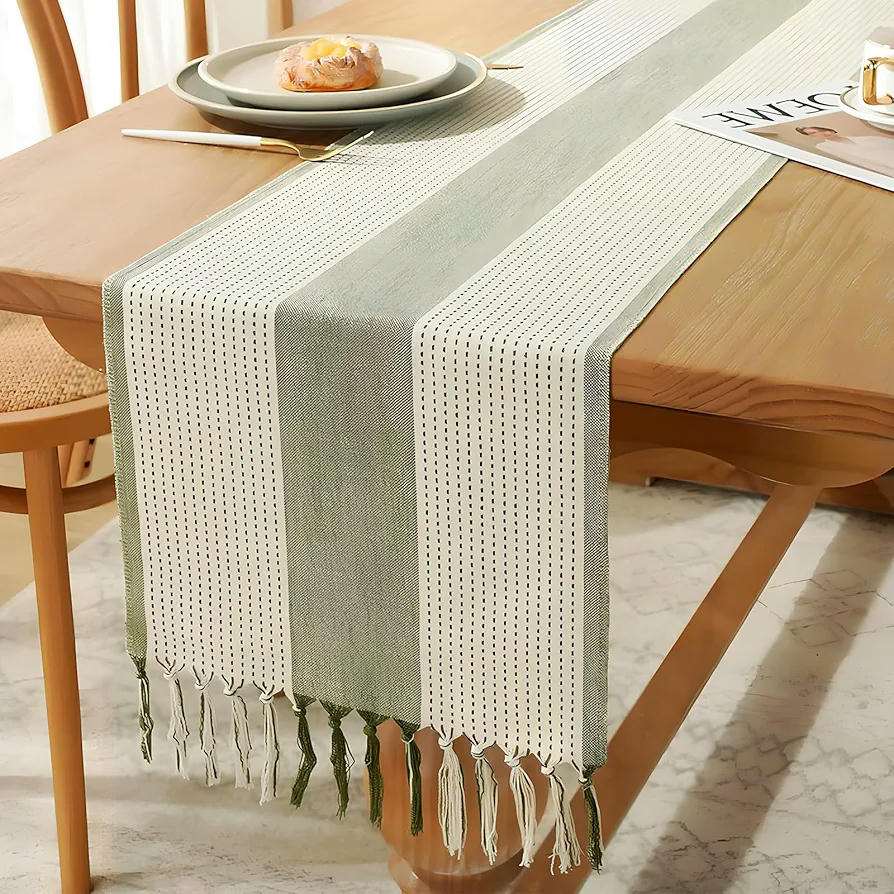 Caminet de Taula de Cotó Verd, Estil Bohemi i Rústic, Rentable, 183 cm, Amb Borles, Ideal per Decoració de Menjador i Festes