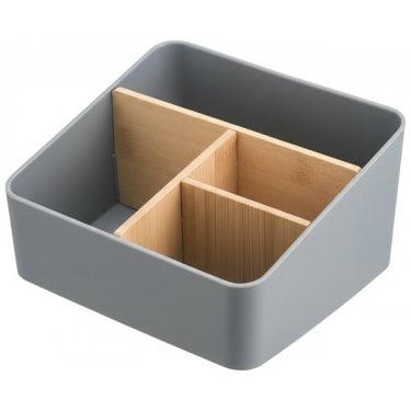 Organizador de Escritorio con 4 Compartimentos en Bambú para Cosméticos, Plumas y Accesorios (Gris)