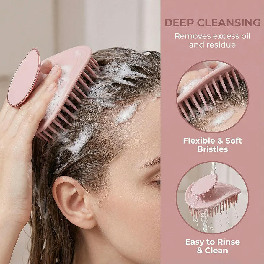 Cepillo Masajeador de Silicona Suave para Cuero Cabelludo, Uso Seco y Húmedo, Ergonómico para Todo Tipo de Cabello (Rosa)